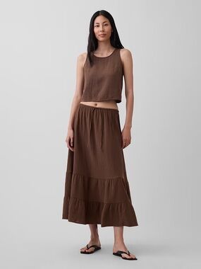 GAP Cotton Gauze Tiered Easy Maxi Skirt Cool Brown L NWOT